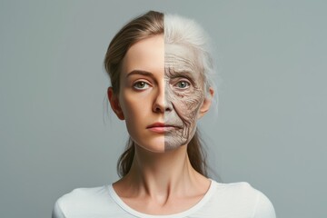 Aging neck lift. Comparison young to old woman telangiectasia. Less Wrinkles, whole grains, perseverance, lines through skincare, anti aging cream, hug giver and face lift