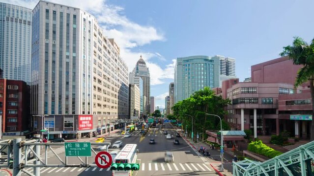 aerial landscape view of street road with heavy traffic in central business district of Taipei, Taiwan.
