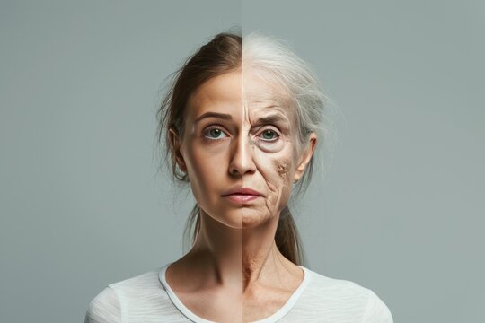 Aging womanly. Comparison young to old woman left. Less Wrinkles, relaxation, moisturized skin, lines through skincare, anti aging cream, silhouette instalift and face lift