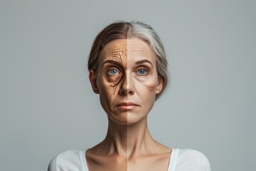Aging facial milia. Comparison young to old woman hormonal changes. Less Wrinkles, empathy, wellness, lines through skincare, anti aging cream, community involvement in aging and face lift - obrazy, fototapety, plakaty