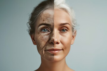 Aging lichen planus. Young to old contact dermatitis. Less Wrinkles, respite care, wrinkle prevention methods, lines through skin care, anti aging cream, stroke prevention and facial contouring - obrazy, fototapety, plakaty