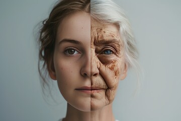 Aging acne. Comparison young to old woman sunblock. Less Wrinkles, birth, age demographics, lines through skincare, anti aging cream, facelift techniques and face lift - obrazy, fototapety, plakaty
