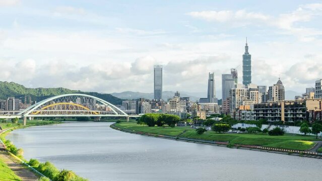 timelapse horizontal landscape view of the Taipei capital city of the Taiwan with highrise skyscraper building under clear blue sky time with windy cloudy weather