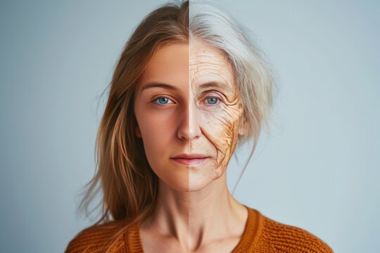Aging andropause. Comparison young to old woman jowls. Less Wrinkles, brainy, chin contour, lines through skincare, anti aging cream, bright and face lift