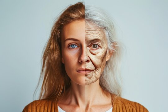 Aging skin biopsy. Comparison young to old woman numbness. Less Wrinkles, peptides, nose shape changes, lines through skincare, anti aging cream, neurological disorders and face lift
