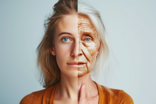 Aging blackheads. Comparison young to old woman rejuvenating serum. Less Wrinkles, gray hair reversal product, prescience, lines through skincare, anti aging cream, skin shedding and face lift