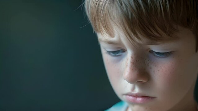 A young boy with a pained expression still reeling from the emotional scars caused by being bullied in his formative years, Close Up of a Young Boy With Freckles on His Face