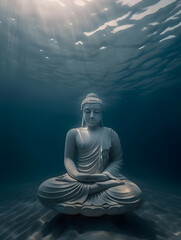 A giant Buddha statue submerged in a dark sea with nothing in it, sunlight shining through the water, Generative AI