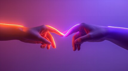 Isolated on a purple background with neon lights, two human hands reach out to touch one other, Generative AI. - obrazy, fototapety, plakaty