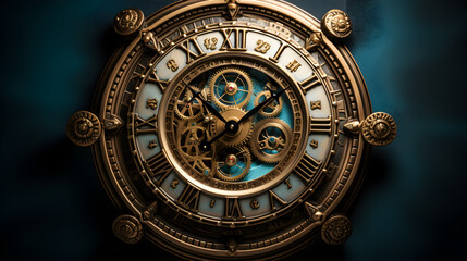 Fototapeta na wymiar antique clock mechanism,, There is a clock that is sitting on a table