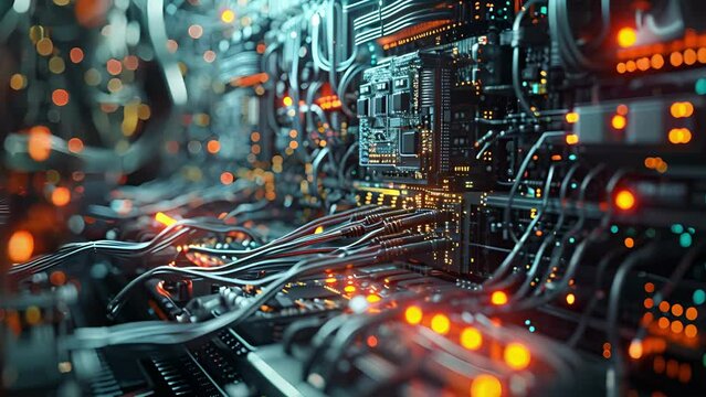 A of wires and circuit boards inside a hightech machine showcasing the intricate technology utilized for machine learning in anomaly detection.