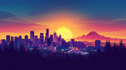 Fototapeta premium Urban Sunset: City Skyline Silhouette Over Water with Skyscrapers, Reflecting Buildings, and Dramatic Sky at Dusk