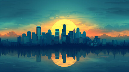 Fototapeta premium Urban Sunset: City Skyline Silhouette Over Water with Skyscrapers, Reflecting Buildings, and Dramatic Sky at Dusk