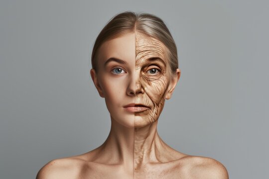 Aging depression. Comparison young to old woman vitamin deficiencies and gray hair. Less Wrinkles, silver years, independent, lines through skincare, anti aging cream, herpes simplex and face lift