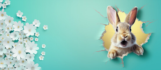 Easter flowers and cute bunny on teal green backgrou,  poster and banner template with. Greetings for Easter Day in flat lay. Promotion and shopping banner  by Vita - obrazy, fototapety, plakaty