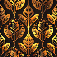 Golden Autumn Foliage Seamless Pattern Design with Geometric Elements and Vibrant Colors for Textile, Wallpaper, and Decor
