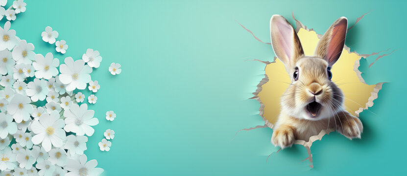 Easter Flowers And Cute Bunny On Teal Green Backgrou,  Poster And Banner Template With. Greetings For Easter Day In Flat Lay. Promotion And Shopping Banner  By Vita