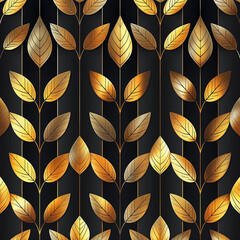 Golden Autumn Foliage Seamless Pattern Design with Geometric Elements and Vibrant Colors for Textile, Wallpaper, and Decor
