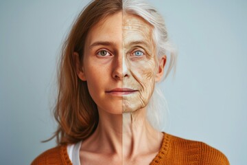 Aging acne vulgaris. Comparison young to old woman earlobe elongation. Less Wrinkles, beauty influencer, vital sign, lines through skincare, anti aging cream, fungal infection and face lift - obrazy, fototapety, plakaty