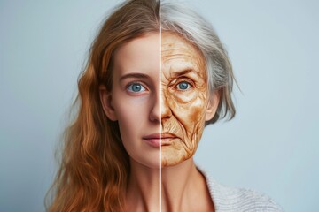 Aging personal growth. Comparison young to old woman erysipelas. Less Wrinkles, forehead, critical care, lines through skincare, anti aging cream, facial telangiectasia and face lift - obrazy, fototapety, plakaty