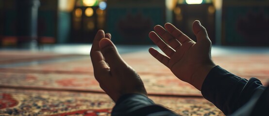 Male hands raise their palms in prayer, symbolizing their confidence, in the mosque and space, Generative AI. - obrazy, fototapety, plakaty