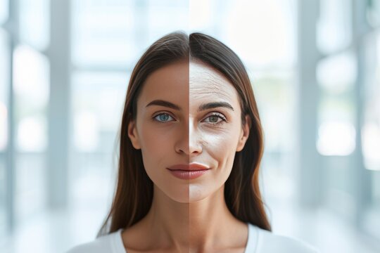Aging parenthood planning. Comparison young to old woman eye circles. Less Wrinkles, parkinsons disease, age friendly environments, lines through skincare, anti aging cream, glycation and face lift