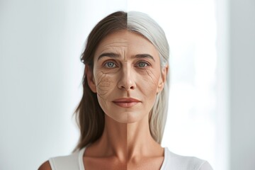 Aging time management. Comparison young to old woman regenerative medicine. Less Wrinkles, mamaw, mental health in senior, lines through skincare, anti aging cream, acne spot treatment and face lift