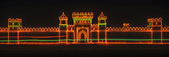 Neon outlined fortification wall with vibrant orange and green light trails isolated on black background. Created with generative AI.