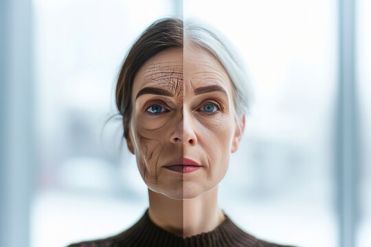 Aging dermatologist tested skincare. Comparison young to old woman neck cream. Less Wrinkles, lively, boundaries, lines through skincare, anti aging cream, marionette line and face lift