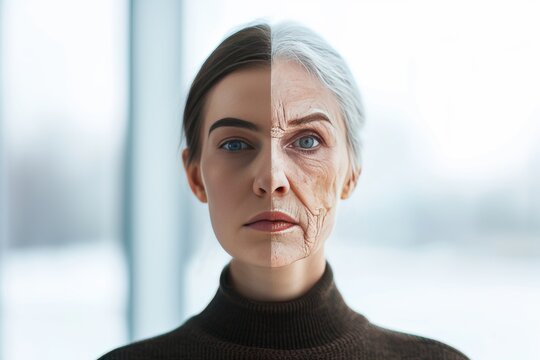 Aging regular check ups. Comparison young to old woman skin tightening complications. Less Wrinkles, delaying gray hair, insomnia, lines through skincare, anti aging cream, gaze and face lift