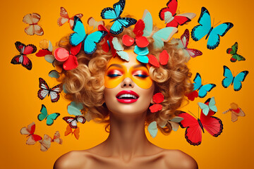 Surreal a smiling girl with butterfly on her head with solid white background. Abstract photo in...