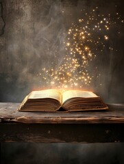image of open antique book on wooden table with glitter overlay, realistic, HD, copy space - generative ai