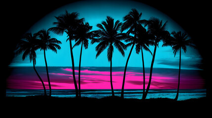 Glowing neon sunset with palm trees on a tropical highway isolated on black background. Created with generative AI.