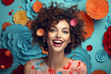 portrait of a woman with flowers Surreal portrait of a smiling girl with butterfly on her head with...