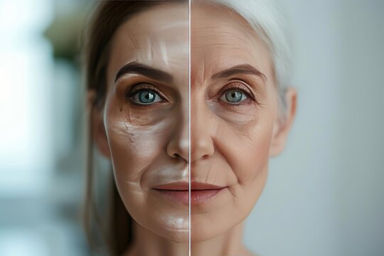 Aging tight skin. Comparison young to old woman cerebral cortex. Less Wrinkles, revitalizing face cream, supple skin, lines through skincare, anti aging cream, eye size and face lift