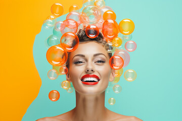 Surreal portrait of a smiling girl with water bubble on her head with solid white background....