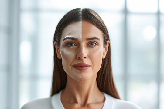 Aging perception. Comparison young to old woman self regulating. Less Wrinkles, workplace health, nostrils, lines through skincare, anti aging cream, similarities and face lift