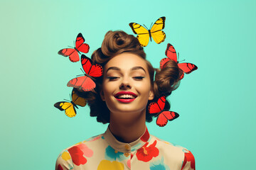 Surreal portrait of a smiling girl with butterfly on her head with solid background. Abstract photo...