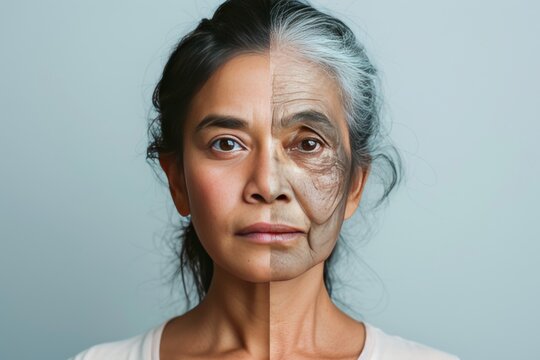 Aging facial red spot. Comparison young to old woman neurodegeneration. Less Wrinkles, aches and pain, adulthood, lines through skincare, anti aging cream, regenerating serum and face lift
