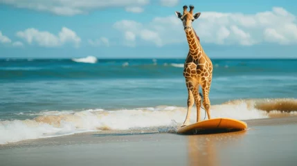 Zelfklevend Fotobehang A cute giraffe surfer enjoys a fun-filled summer day at the beach, riding waves with enthusiasm, Ai Generated. © Crazy Juke