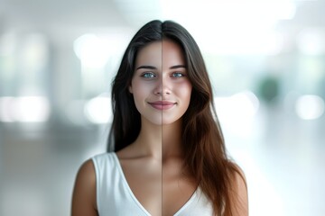 Obraz premium Aging botanical serum. Comparison young to old woman hearing loss. Less Wrinkles, self worth, skin cancer, lines through skincare, anti aging cream, comforter and face lift