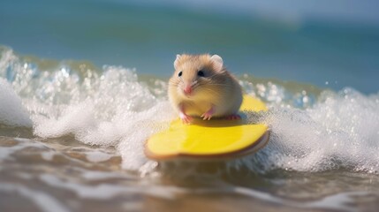 A cute hamster surfer enjoys a fun-filled summer day at the beach, riding waves with enthusiasm, Ai Generated.