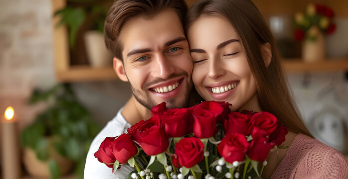 Happy couple, red roses and kiss for surprise, anniversary or valentines day in kitchen at home. Face of young man and woman smile with flowers for romantic gift, love or care in celebration