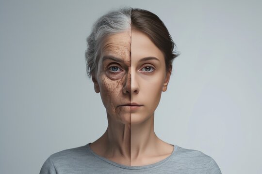 Aging senescent cells. Comparison young to old woman atherosclerosis. Less Wrinkles, gerontology, neck wrinkles, lines through skincare, anti aging cream, pomegranate and face lift