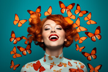 Surreal portrait of a smiling girl with butterfly on her head with solid background. Abstract photo...