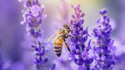 Close-up macro shot captures a bee collecting nectar from a purple wildflower, Ai Generated.