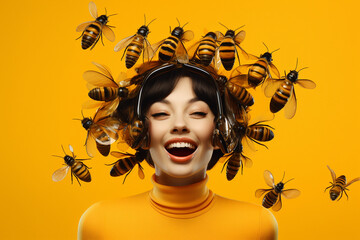 Surreal portrait of a smiling girl with bees on her head with solid background. Abstract photo in...