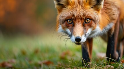 Close-up of a red fox hunting and stalking its prey, its keen eyes locked on the target, Ai Generated.