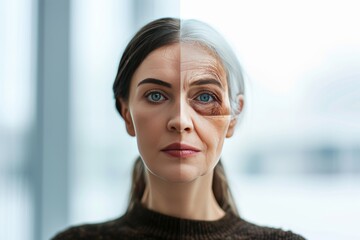 Aging neurosurgery. Comparison young to old woman gray hair treatments. Less Wrinkles, childhood, memory, lines through skincare, anti aging cream, family roots and face lift - obrazy, fototapety, plakaty