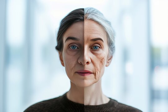 Aging longevity. Comparison young to old woman dead skin care. Less Wrinkles, serene spirit, mindfulness, lines through skincare, anti aging cream, family care and face lift
